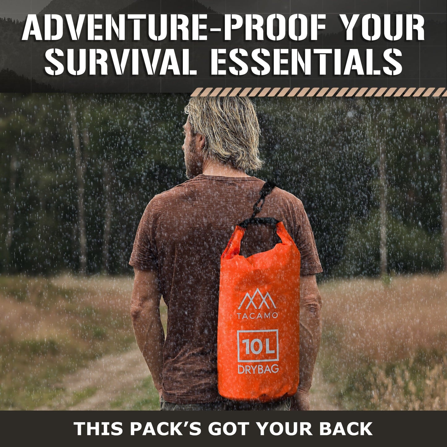 Man wearing TACAMO dry bag on his back in a rain storm, displaying water-proof capabilities