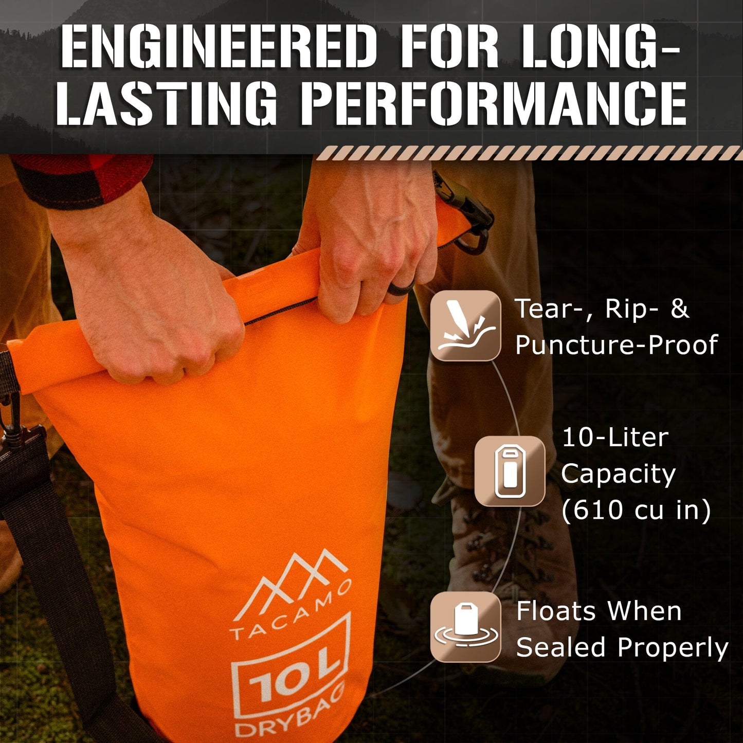 Person folding the top of the TACAMO dry bag and durability features displayed