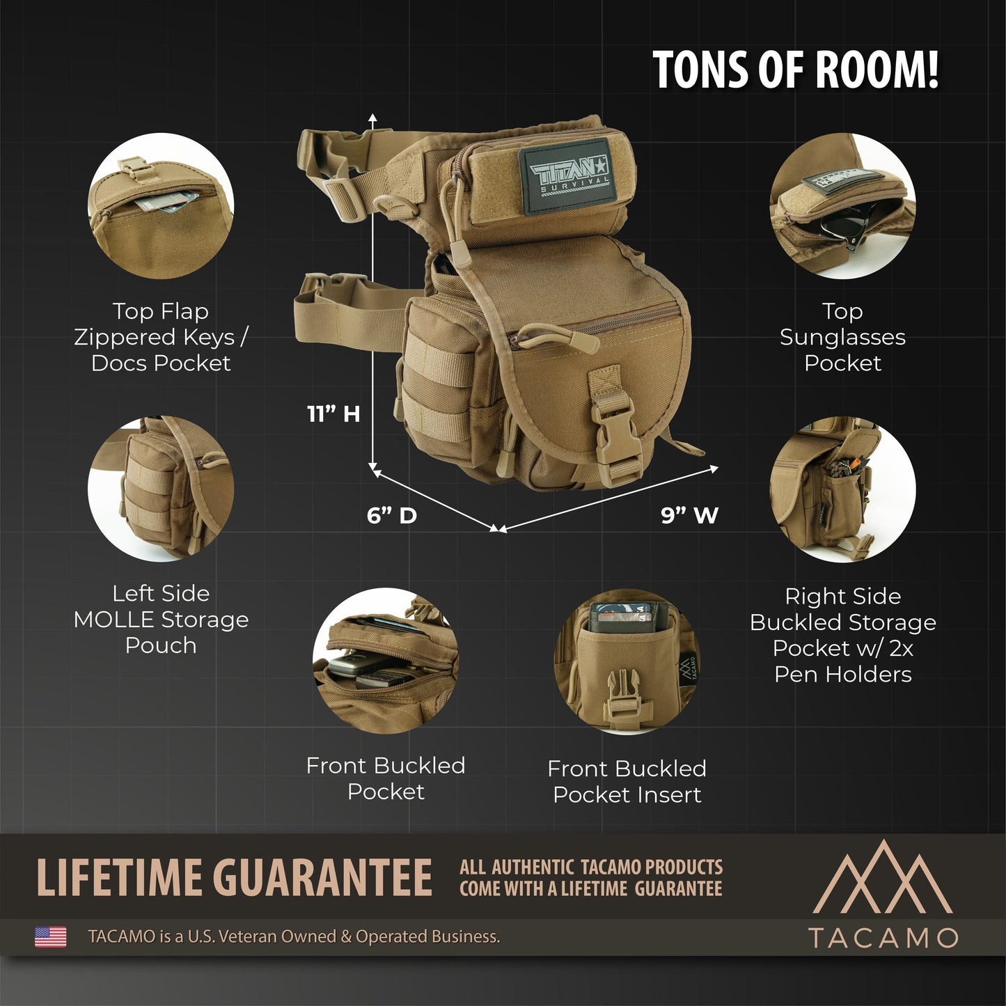 HB10 10L Tactical Drop Leg Bag displayed with annotations of its military-grade design features