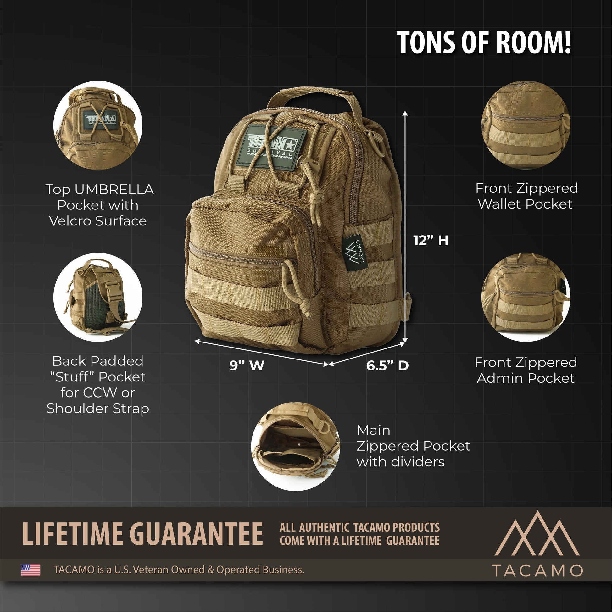 Detailed view of SB10 10L Tactical Shoulder Bag with dimensions and pocket layout