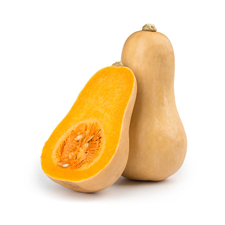 Fully grown Winter Butternut Waltham squashes on display with one cut in half to expose the inside seeds