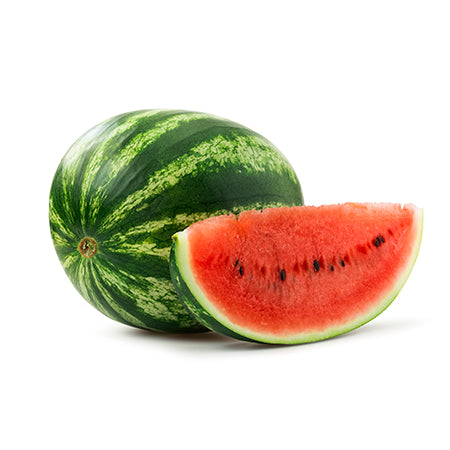 Fully grown Crimson Sweet heirloom watermelons on display, one sliced