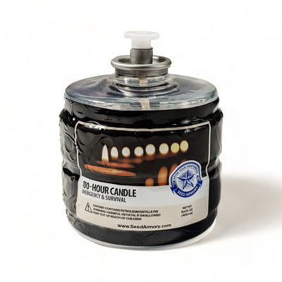 Long-burning emergency candle with a black lid and informational label