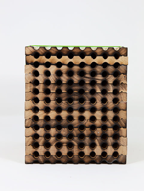 Front, close-up view of reusable wooden mason bee tray displaying 8mm holes