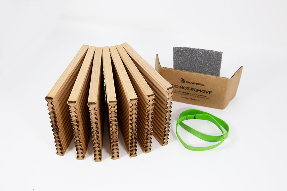Unbundled small 6mm wooden trays for leafcutter bees secured with a green rubber band