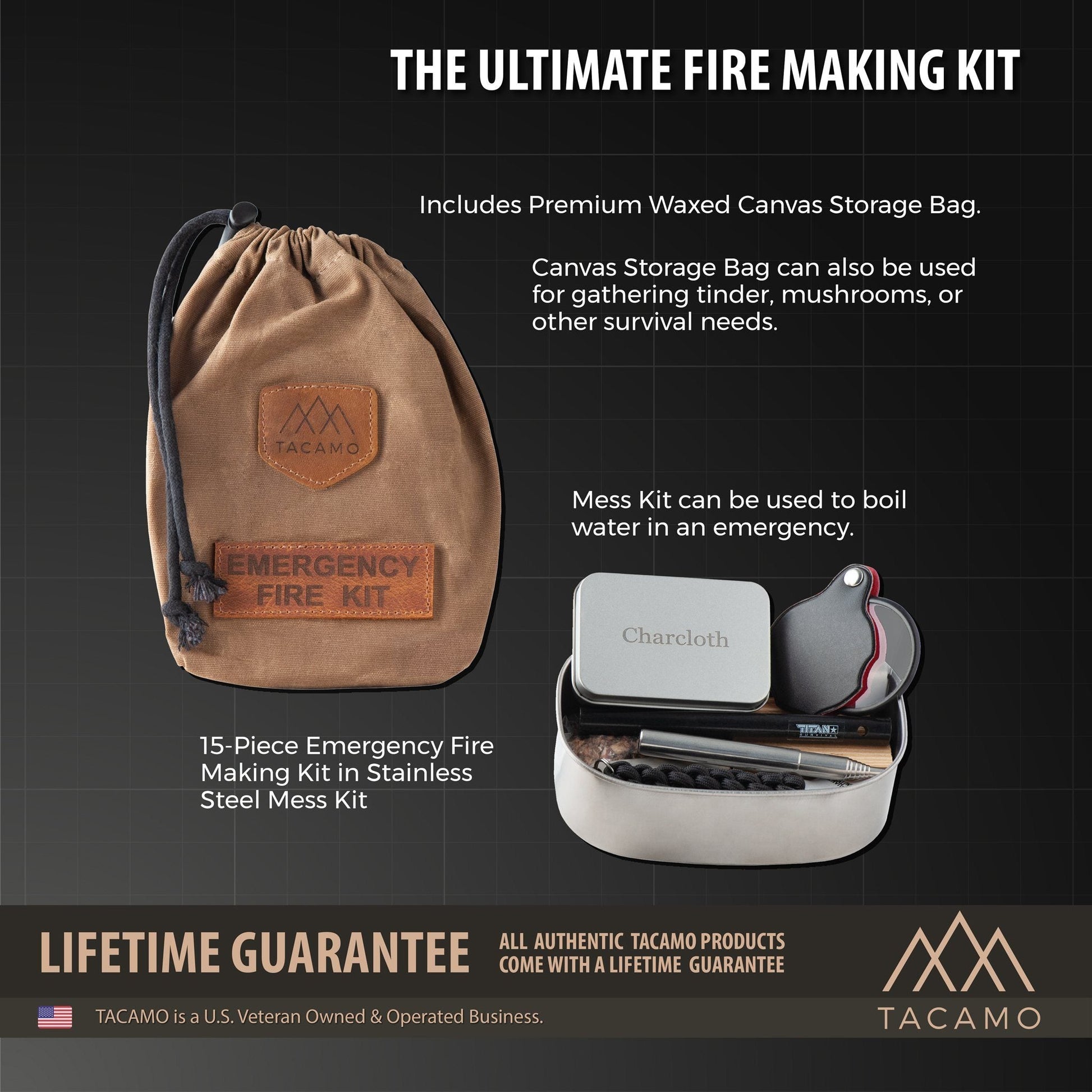 TACAMO 15-Piece Ultimate Fire Making Kit explaining tools and accessories