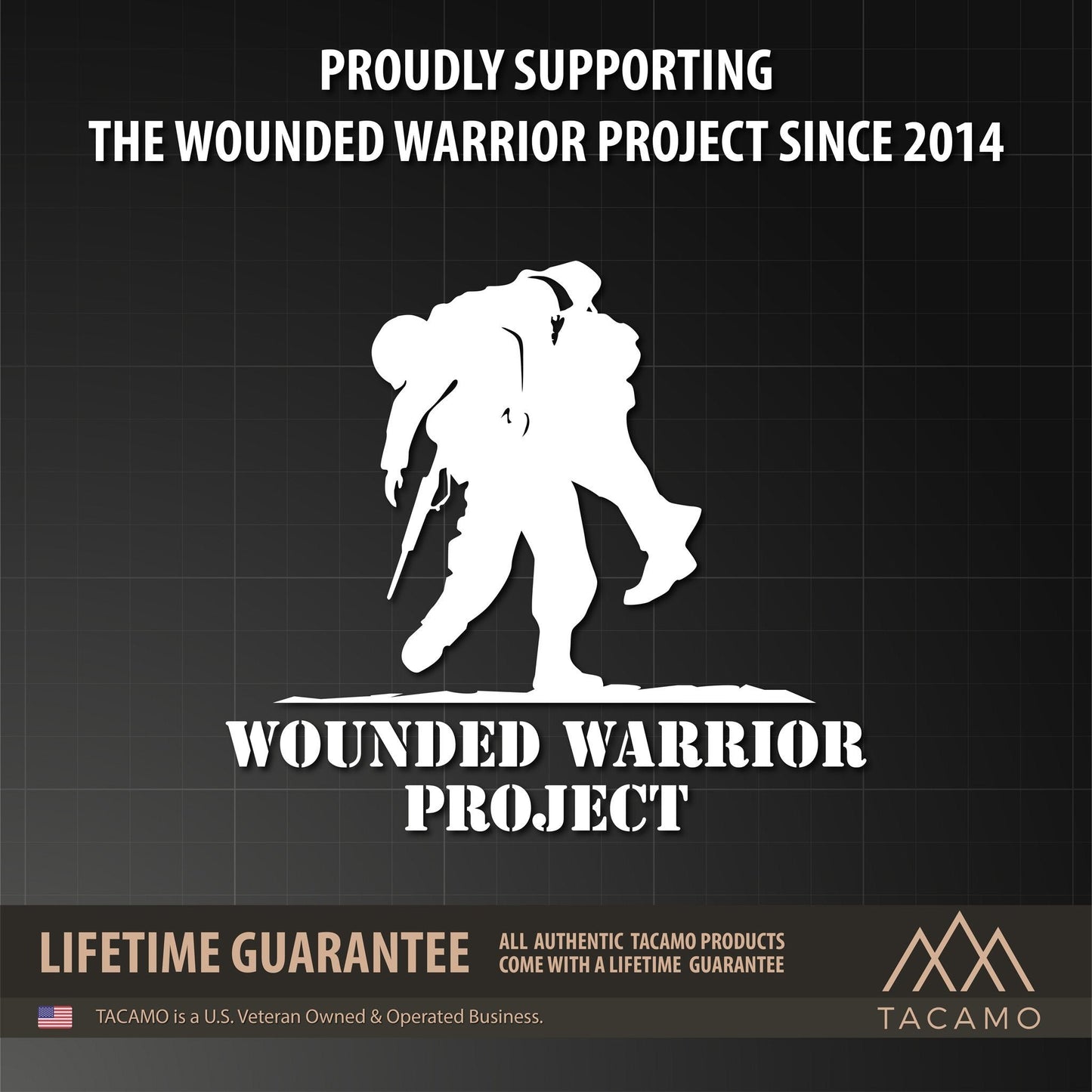 Wounded Warrior Project display graphic explaining the TACAMO products support them and have a lifetime guarantee