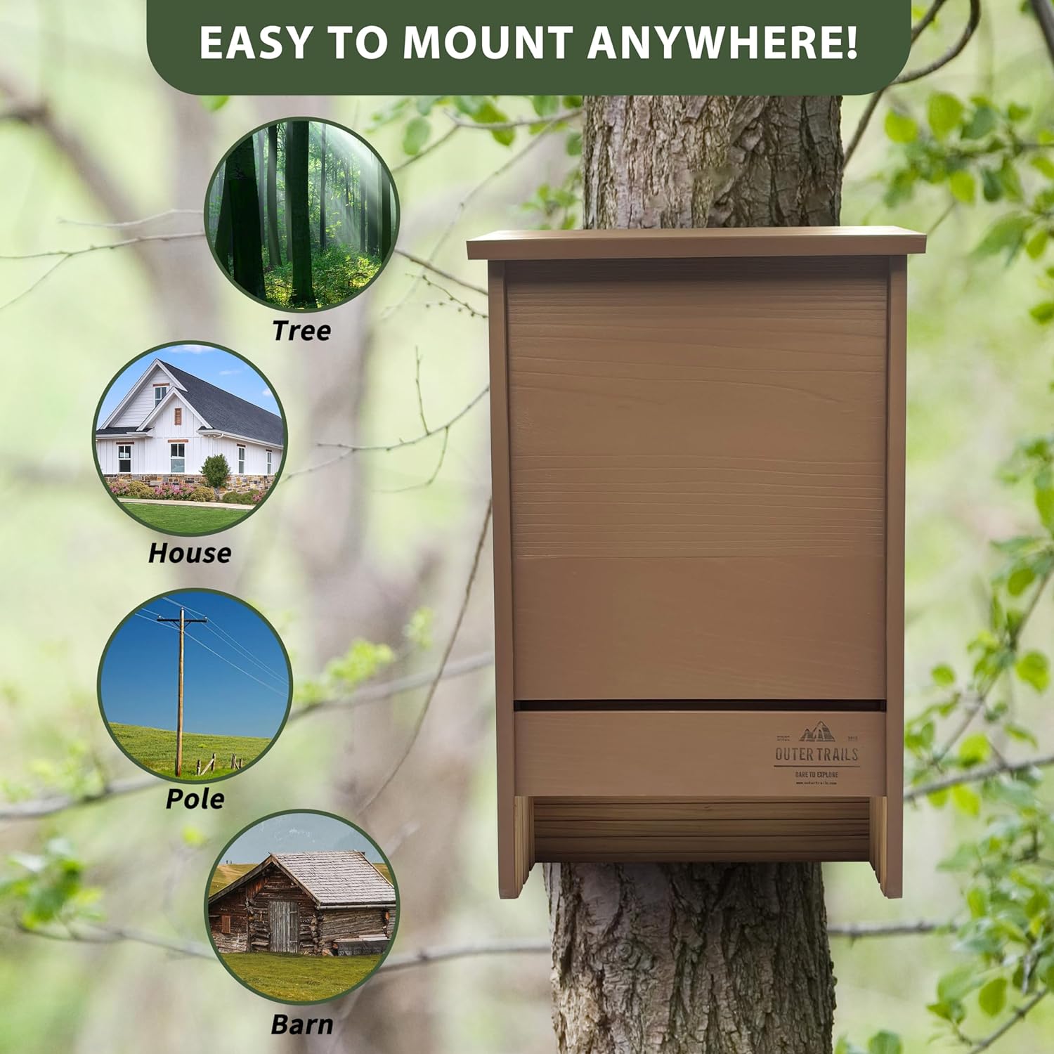 Illustration on Outer Trails™ bat house showcasing various locations it can be mounted