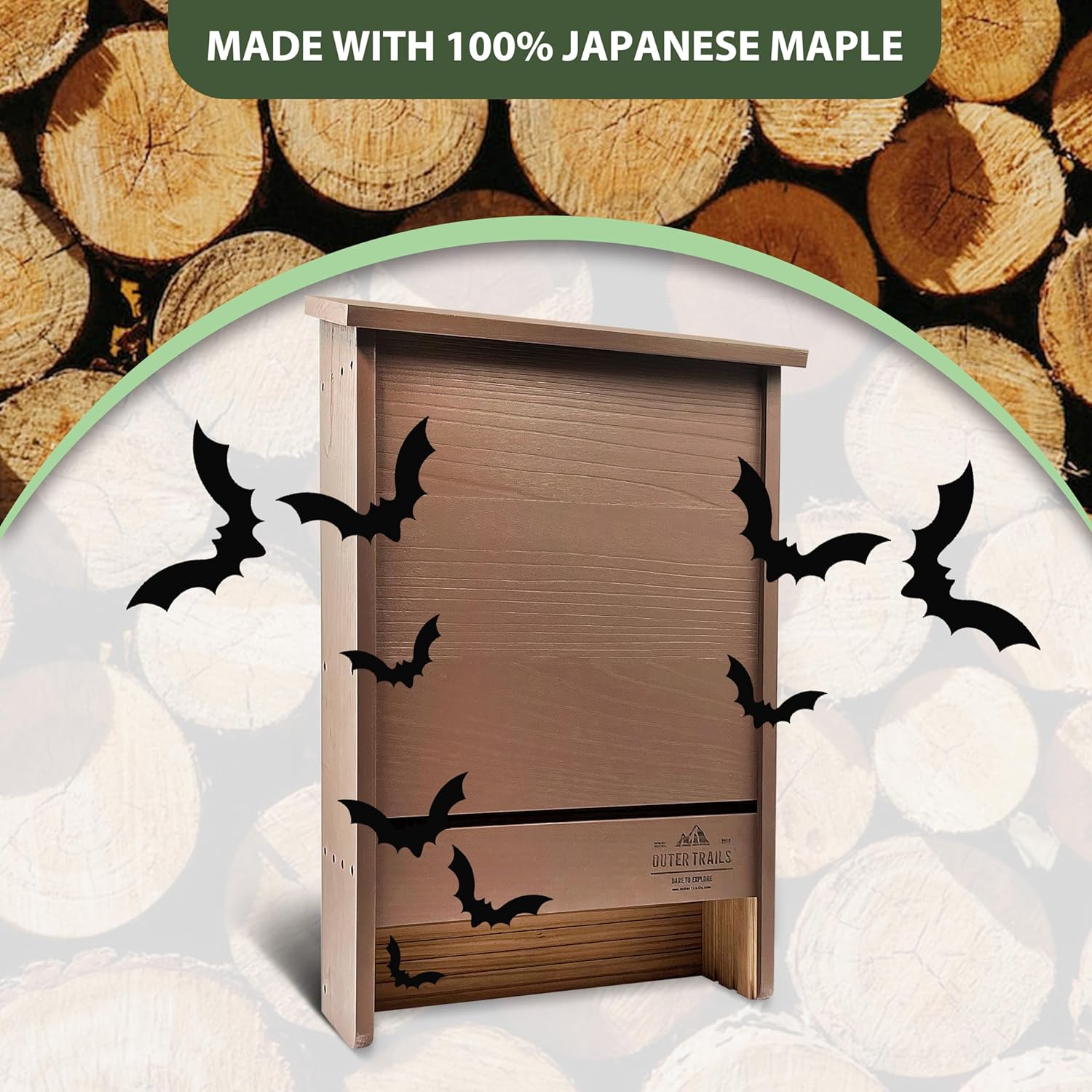 Bat illustrations emerging from the Outer Trails™ 3 chamber bat house made from 100% japanese maple
