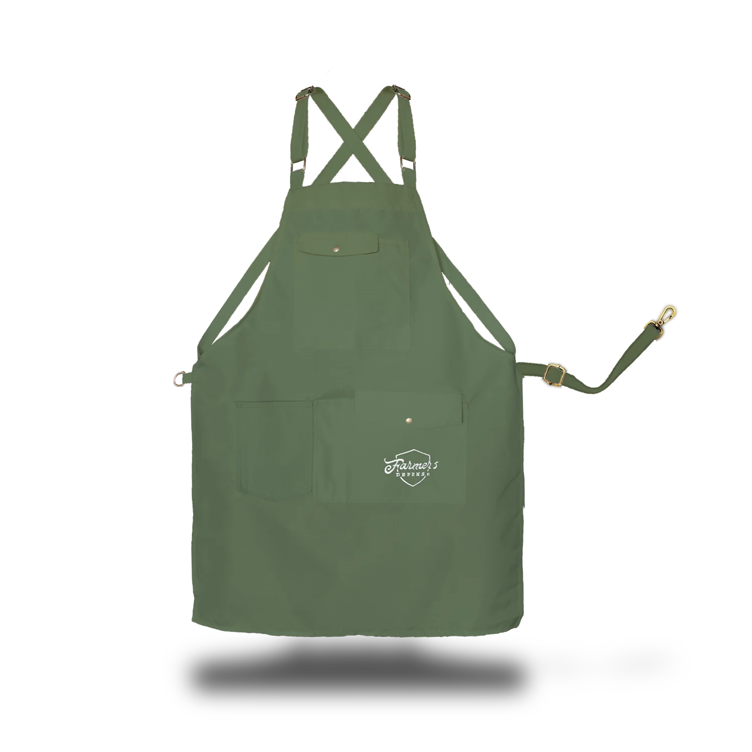 Front view of green Farmers Defense work apron featuring the white logo