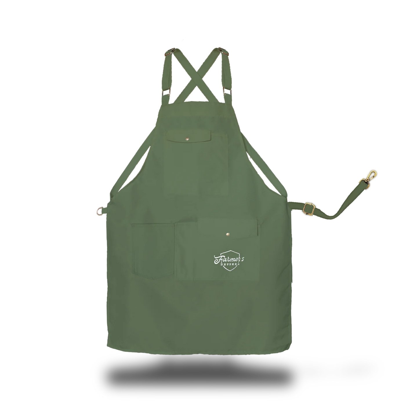 Front view of green Farmers Defense work apron featuring the white logo