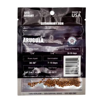 Packet of Arugula 'Slow Bolt' seeds with planting instructions