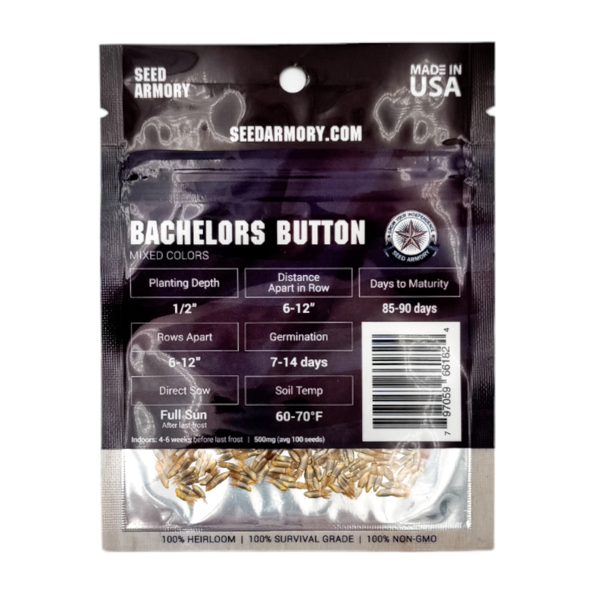Bachelor's Button heirloom seeds packet with planting instructions