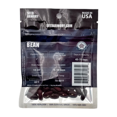 Reverse package of Heirloom Provider bean seeds with planting instructions