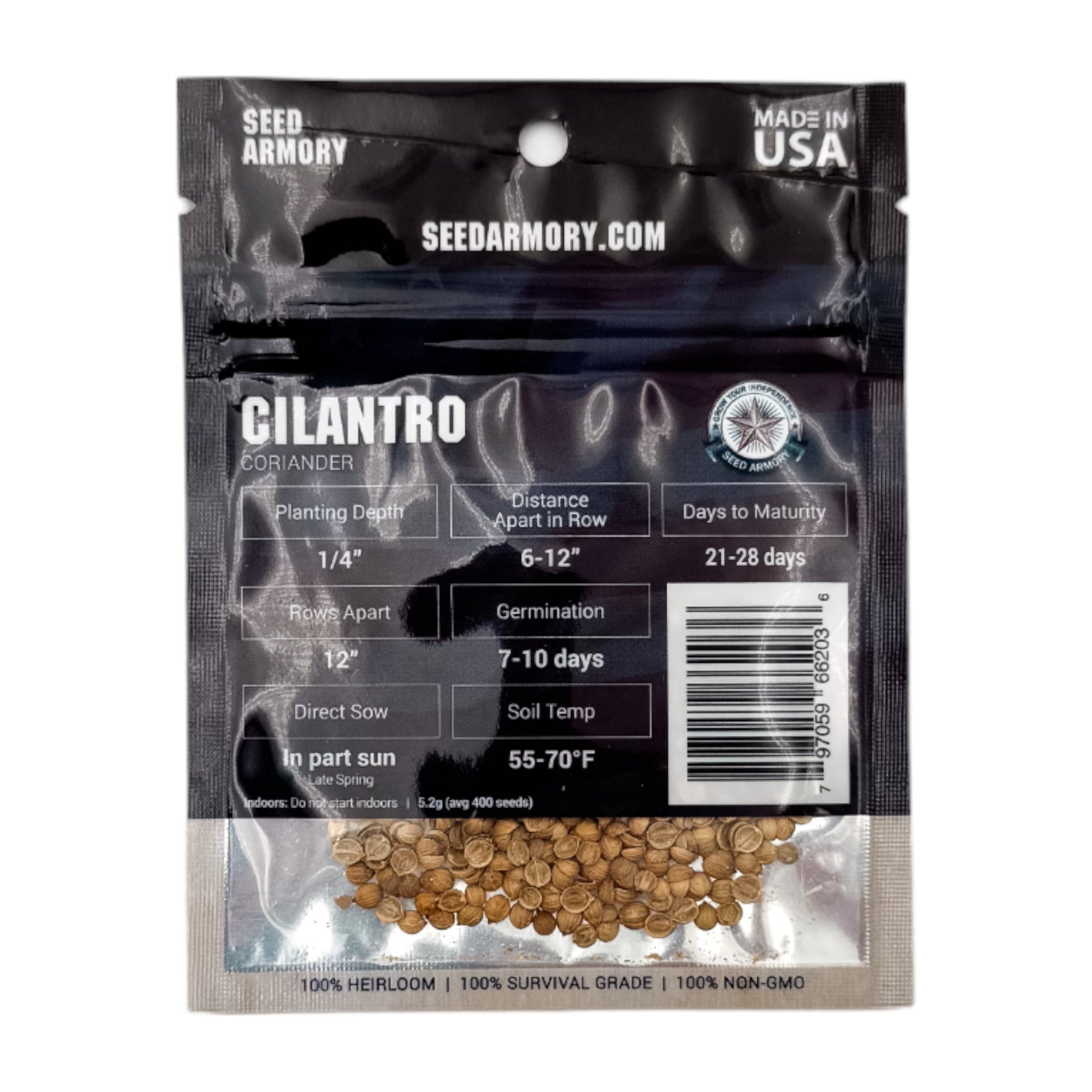 Reverse packet of Heirloom Cilantro Coriander seeds with planting instructions