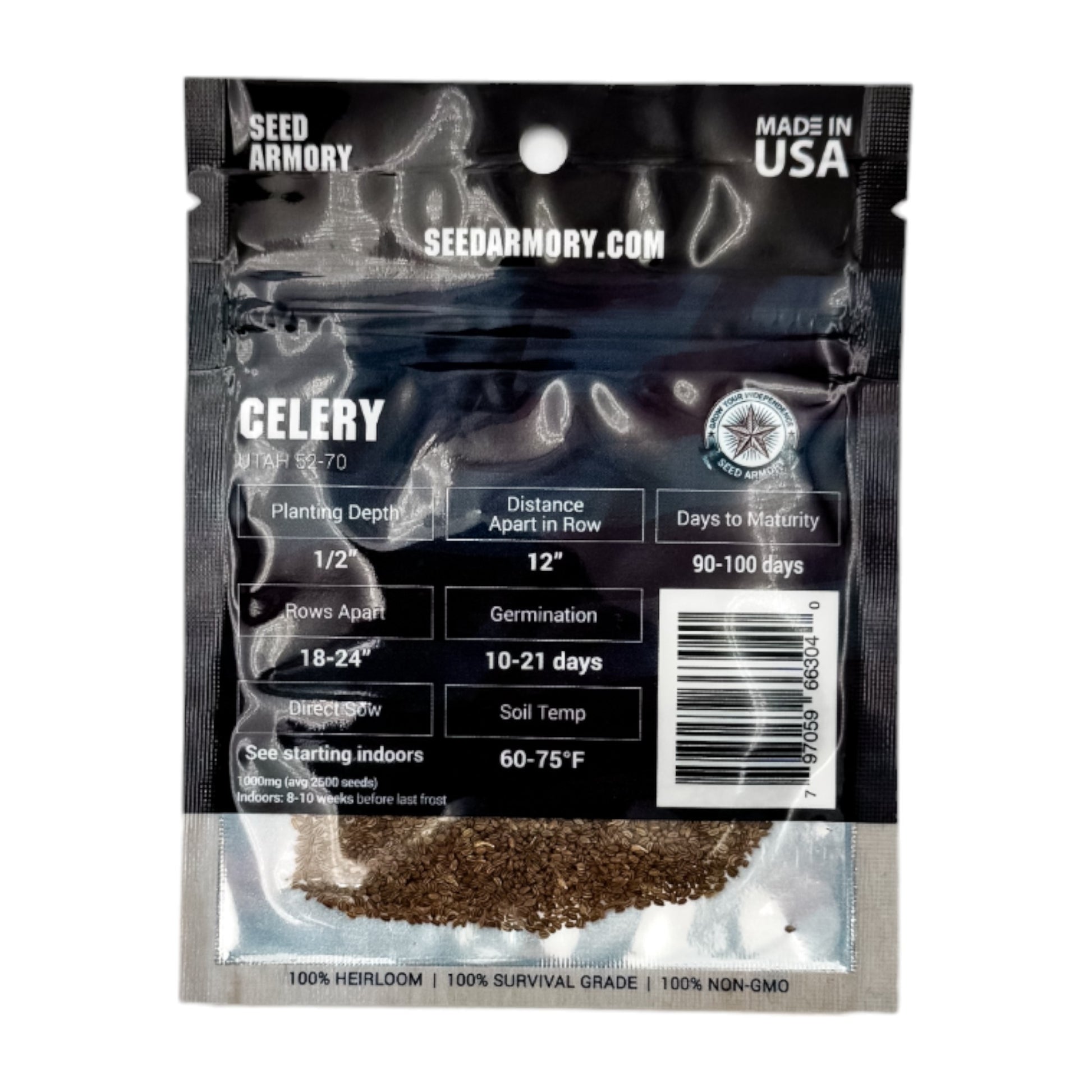 Reverse packet of Heirloom Utah 52-70 celery seeds with planting instructions