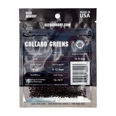 Reverse packet of Heirloom Vates collard greens seed with planting instructions