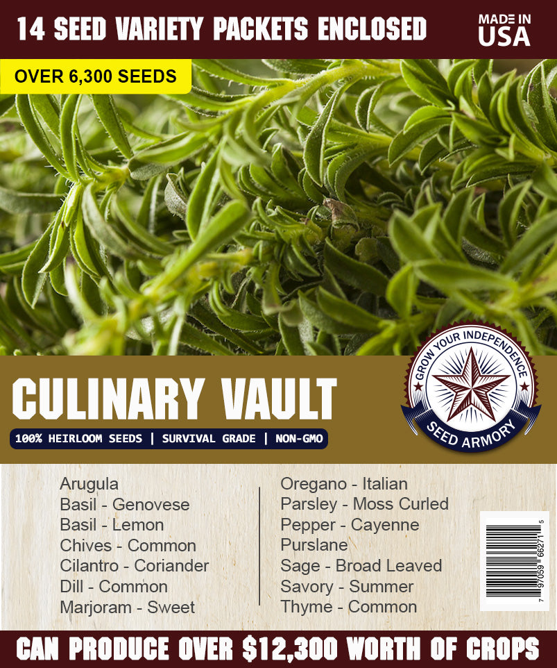 Front label of Culinatry Seed Vault with details of 14 plants included