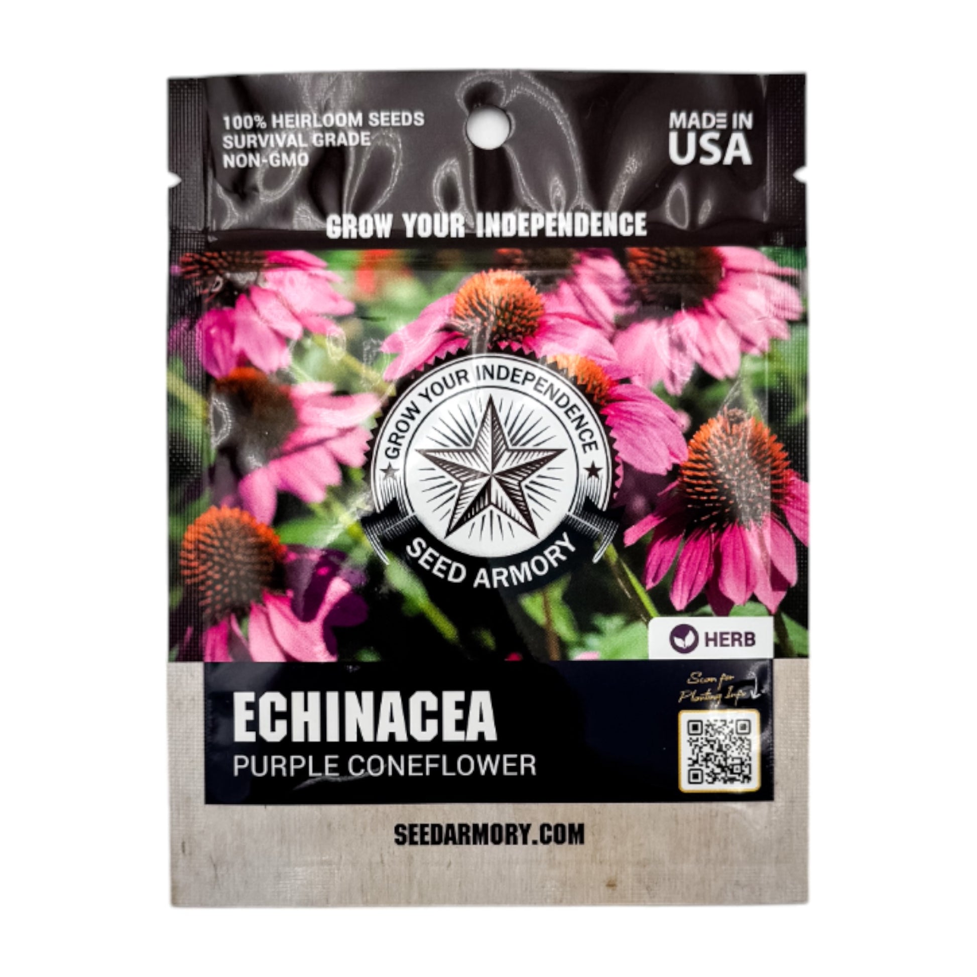 Front packet of Heirloom Echinacea Purple Coneflower seeds