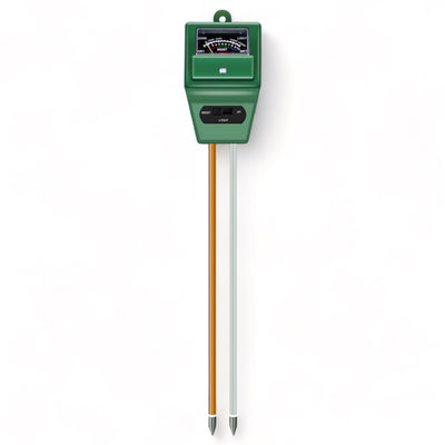 3-in-1 soil pH meter with moisture and light testing capabilities and green handle