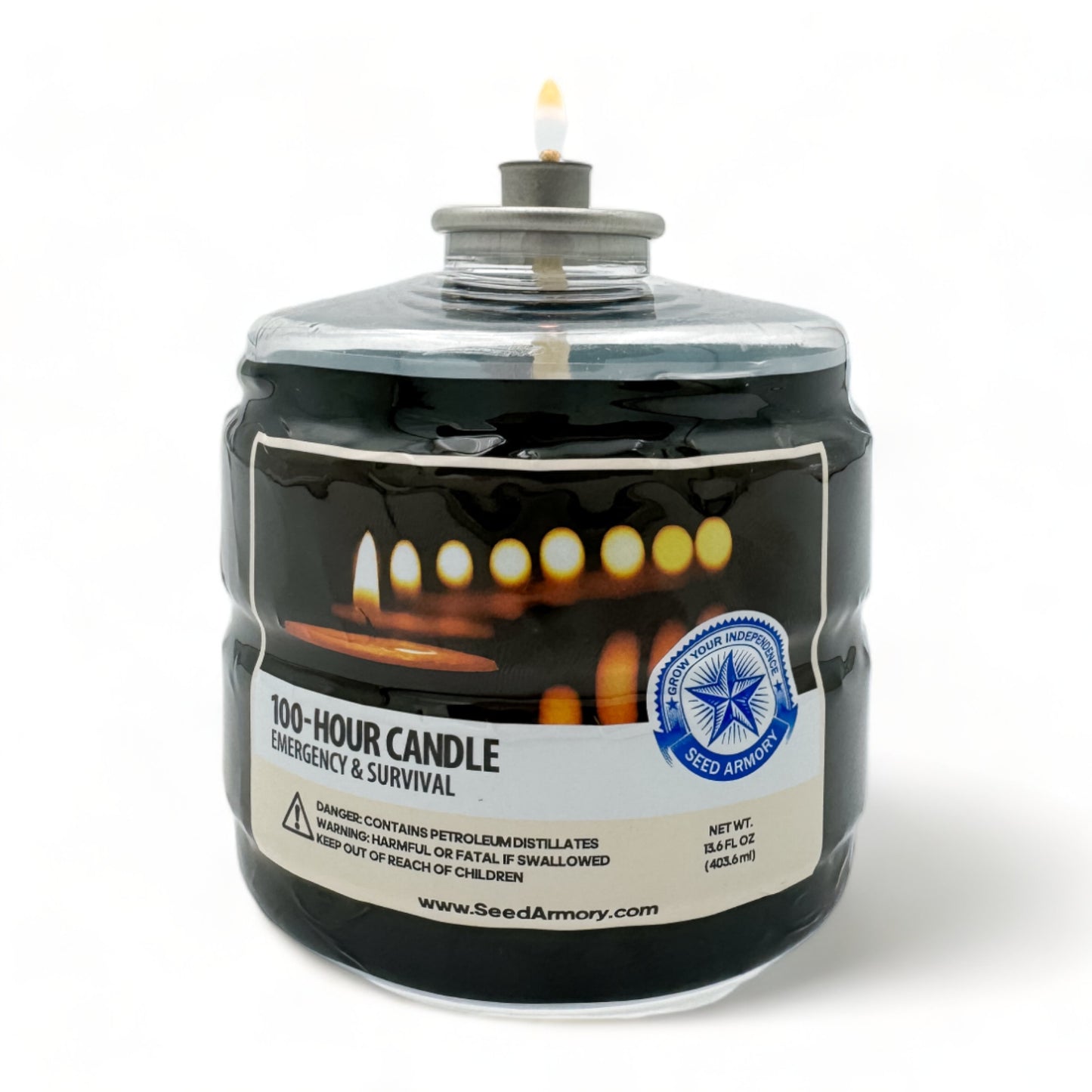 Emergency candle designed for 100 hours of light, featuring a detailed label with instructions