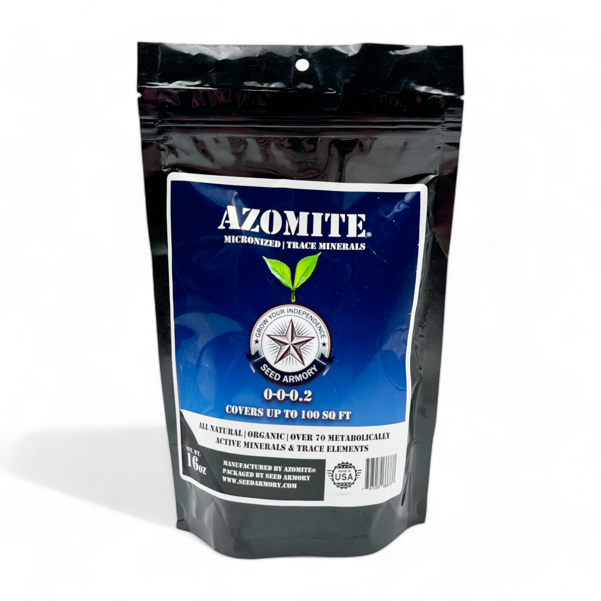 Front package of Azomite Micronized Powder for gardening