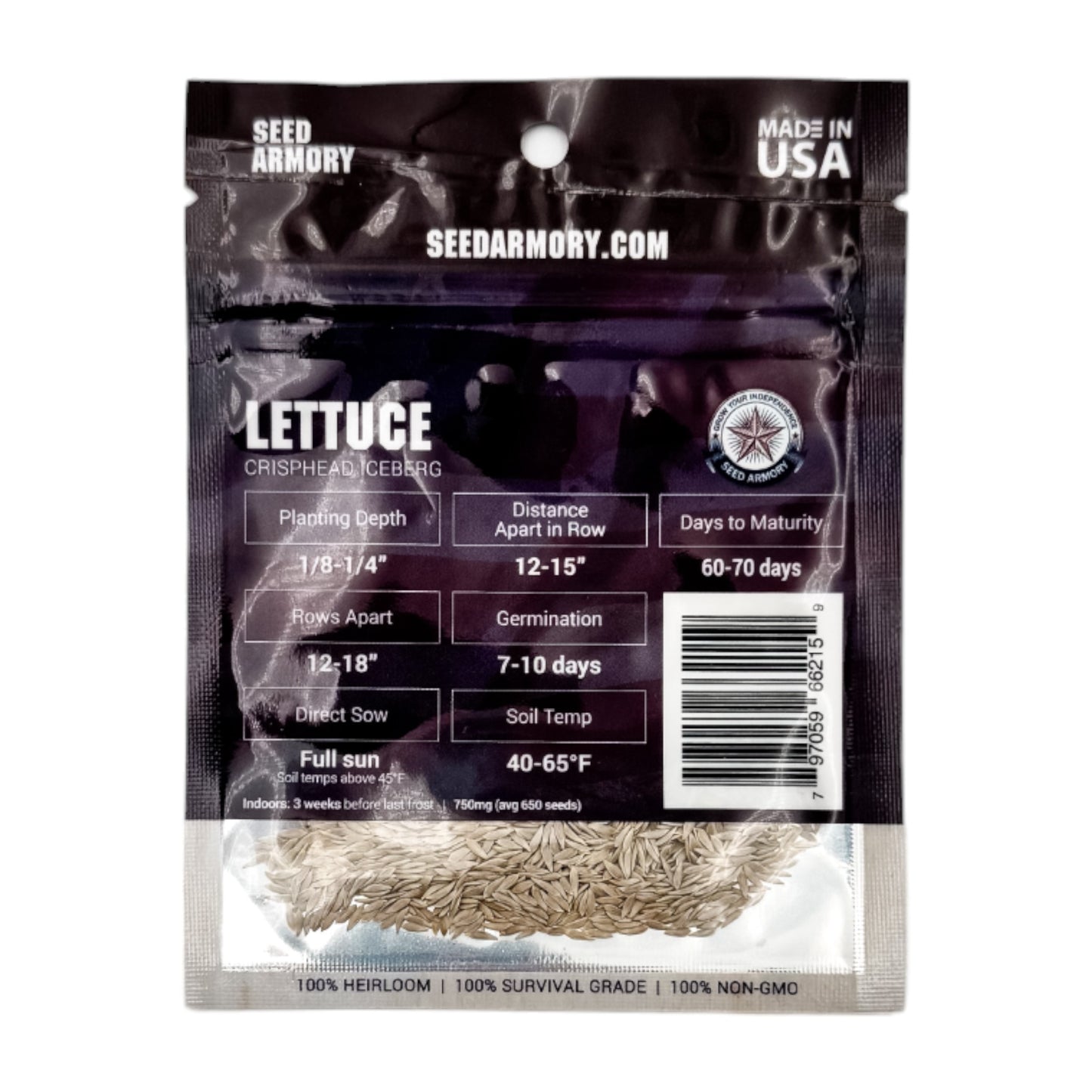 Reverse packet of Heirloom Crisphead Iceberg lettuce seeds with planting instructions