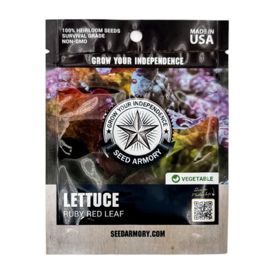 Front packet of Heirloom Ruby Red Leaf lettuce seeds on a white background