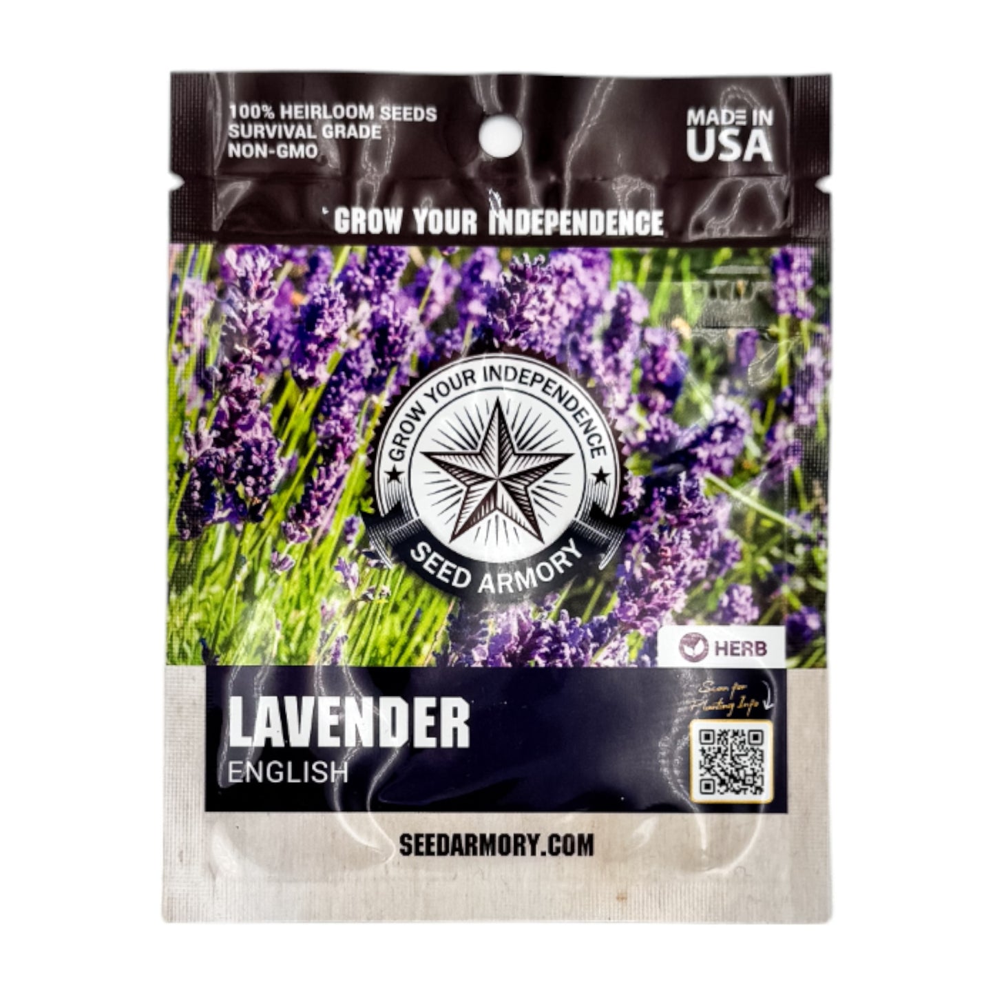 Front packet of Heirloom English Lavender presented on a white background