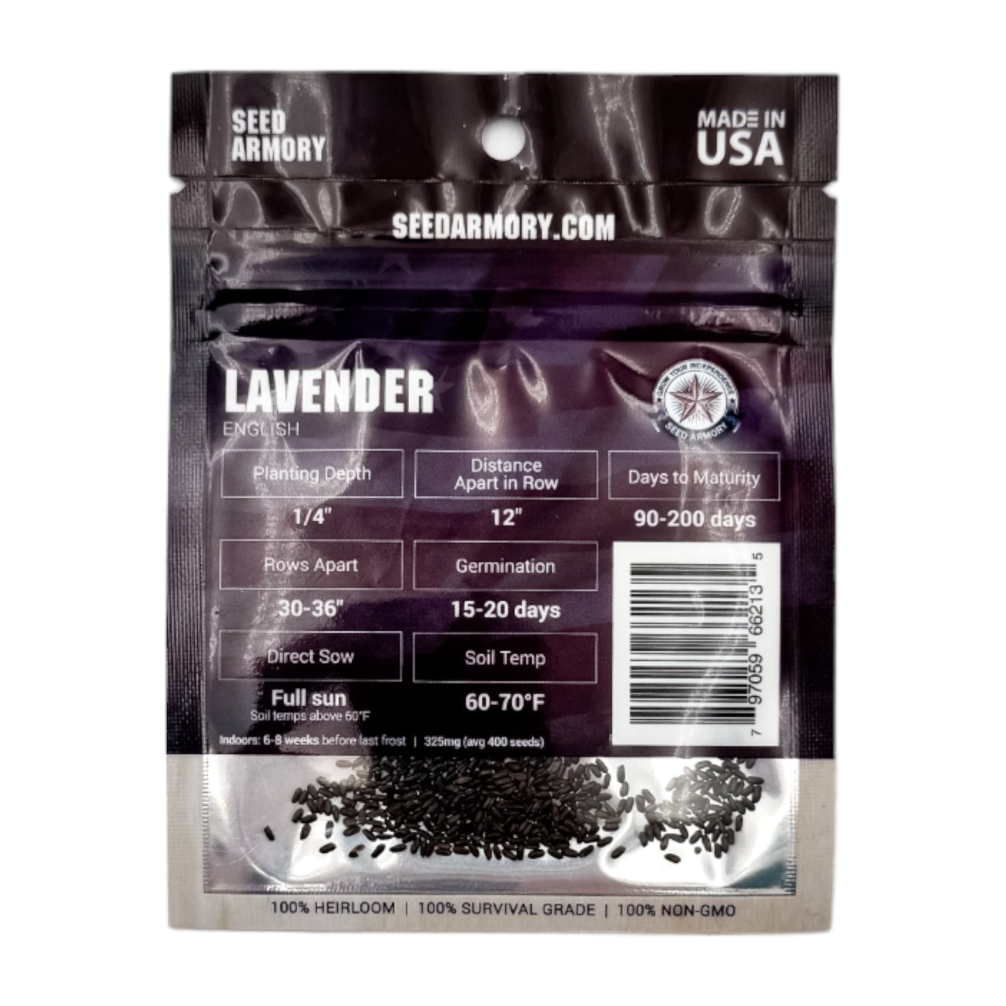 Reverse packet of Heirloom English Lavender with planting instructions