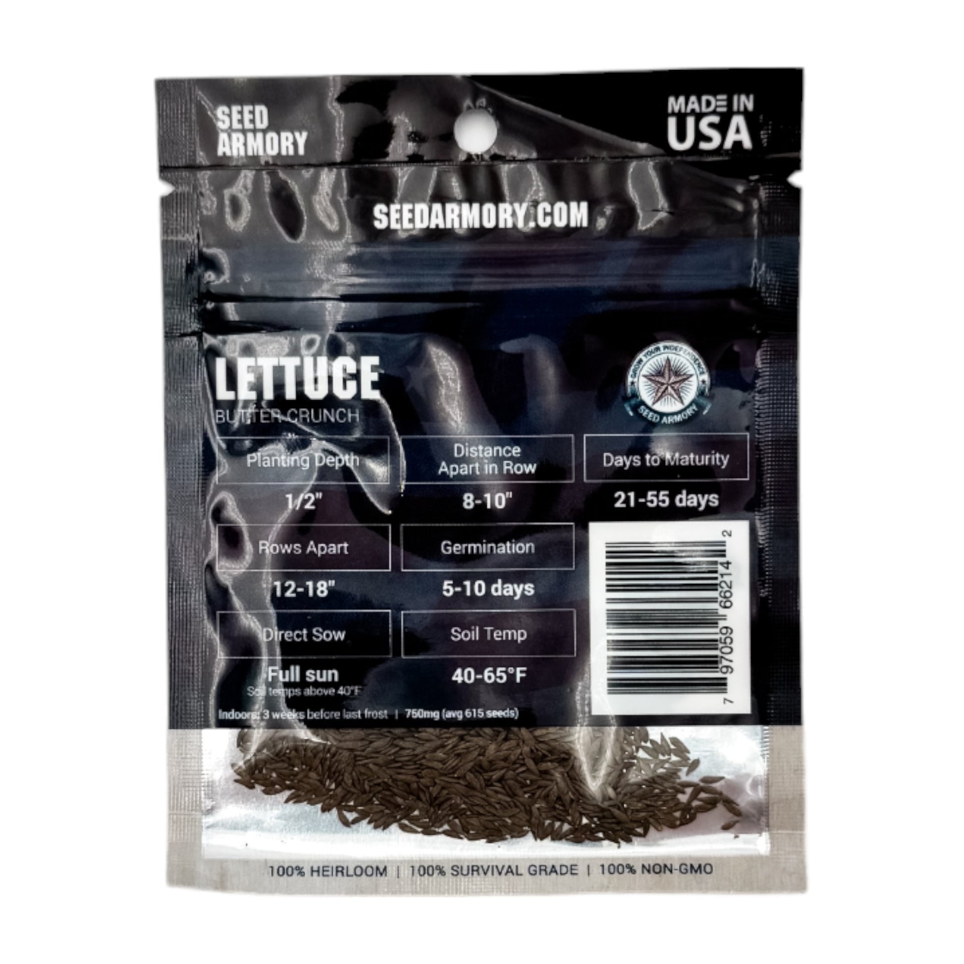 Reverse packet of Heirloom Butter Crunch lettuce seeds with planting instructions