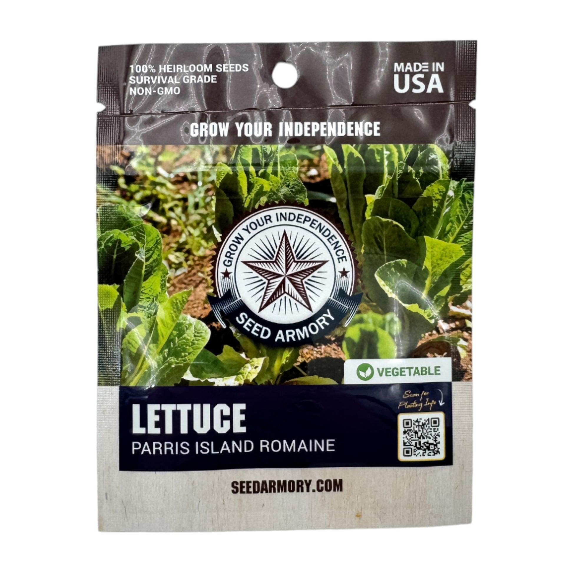 Front packet of Heirloom Parris Island Romaine lettuce seeds displayed on a white background