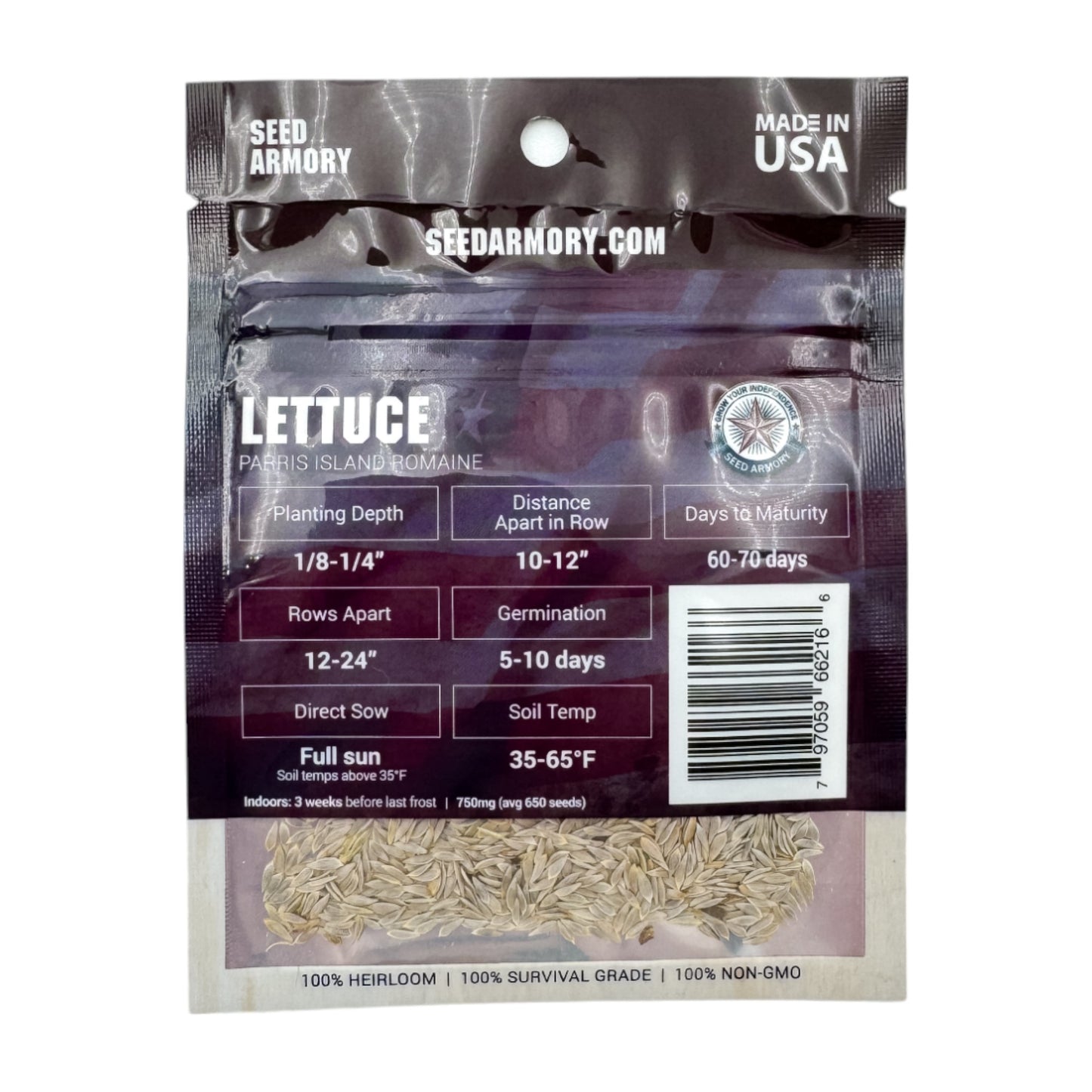Reverse packet of Heirloom Parris Island Romaine lettuce seeds with planting instructions