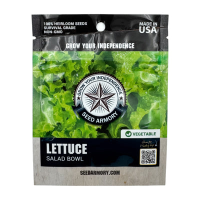 Front packet of Heirloom Lettuce Salad Bowl seeds on a white background