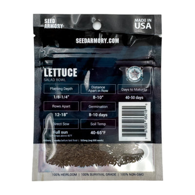 Reverse packet of Heirloom Lettuce Salad Bowl seeds with planting instructions