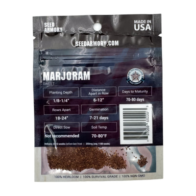 Reverse packet of Heirloom Marjoram herb seeds with planting instructions