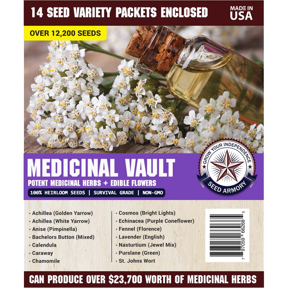 Label of Medicinal Survival Seed Vault with 14 varieties included