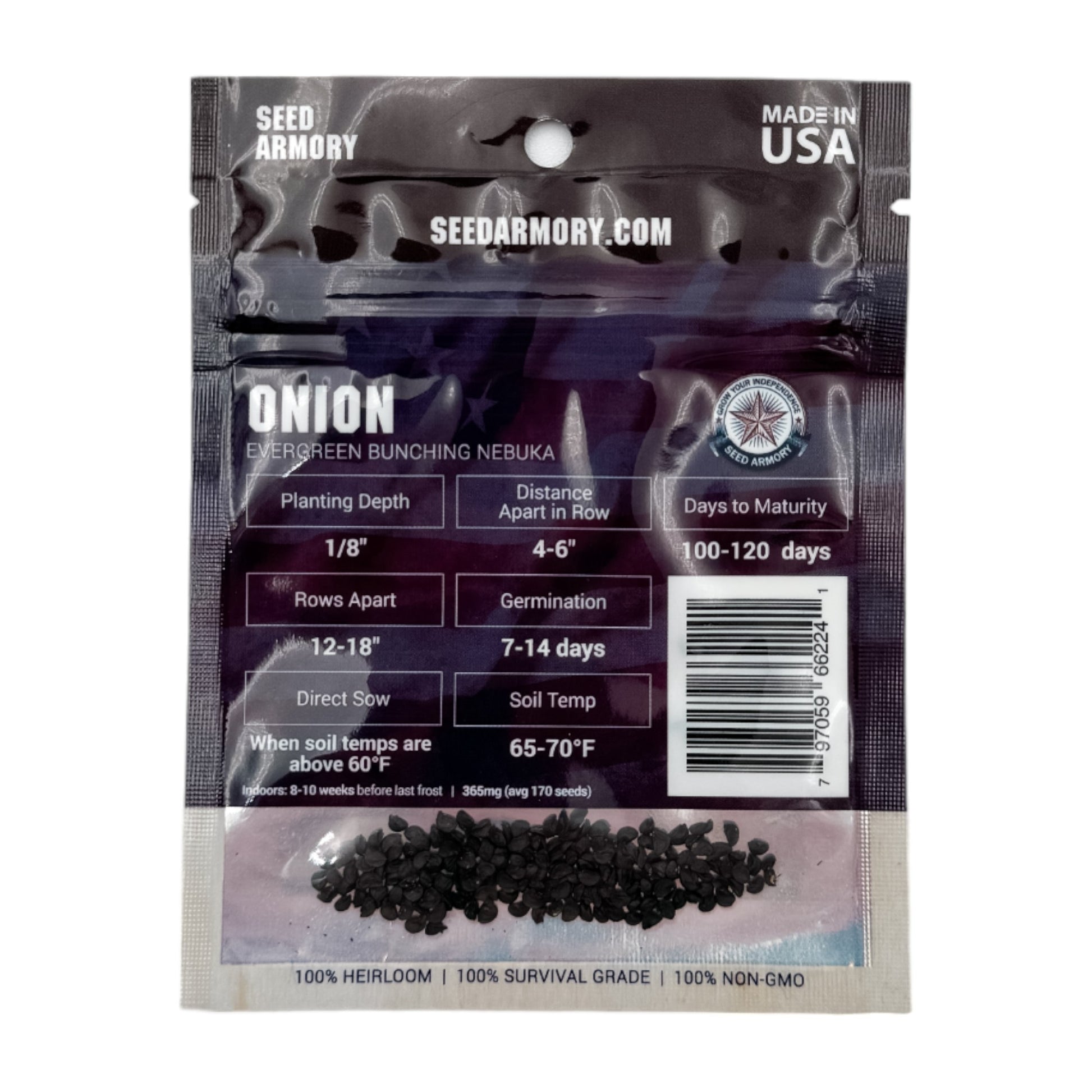 Reverse packet of Heirloom Evergreen Bunching Nebuka onion seeds with planting instructions