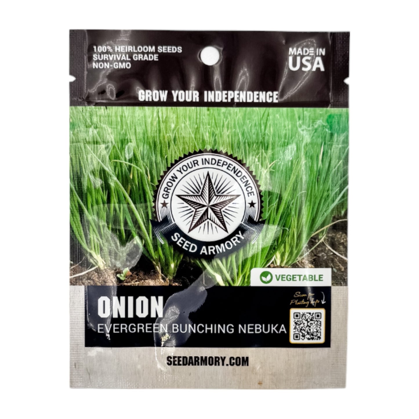 Front packet of Heirloom Evergreen Bunching Nebuka onion seeds on a white backdrop