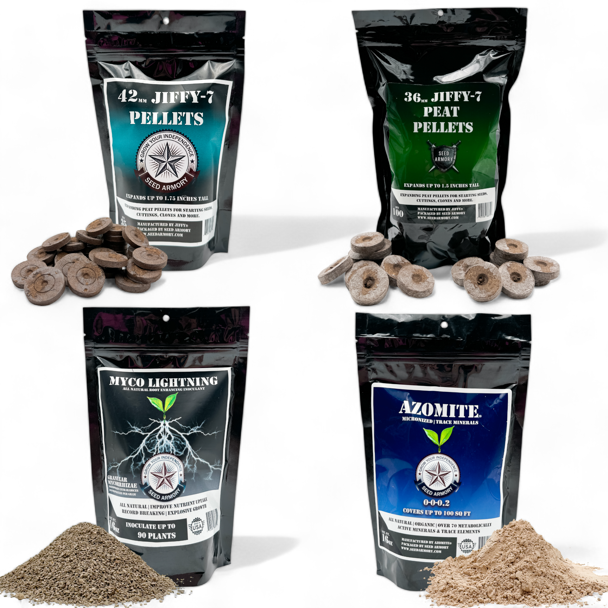 Green Thumb Power Pack featuring two pellet and two powder soil ammendments with product examples