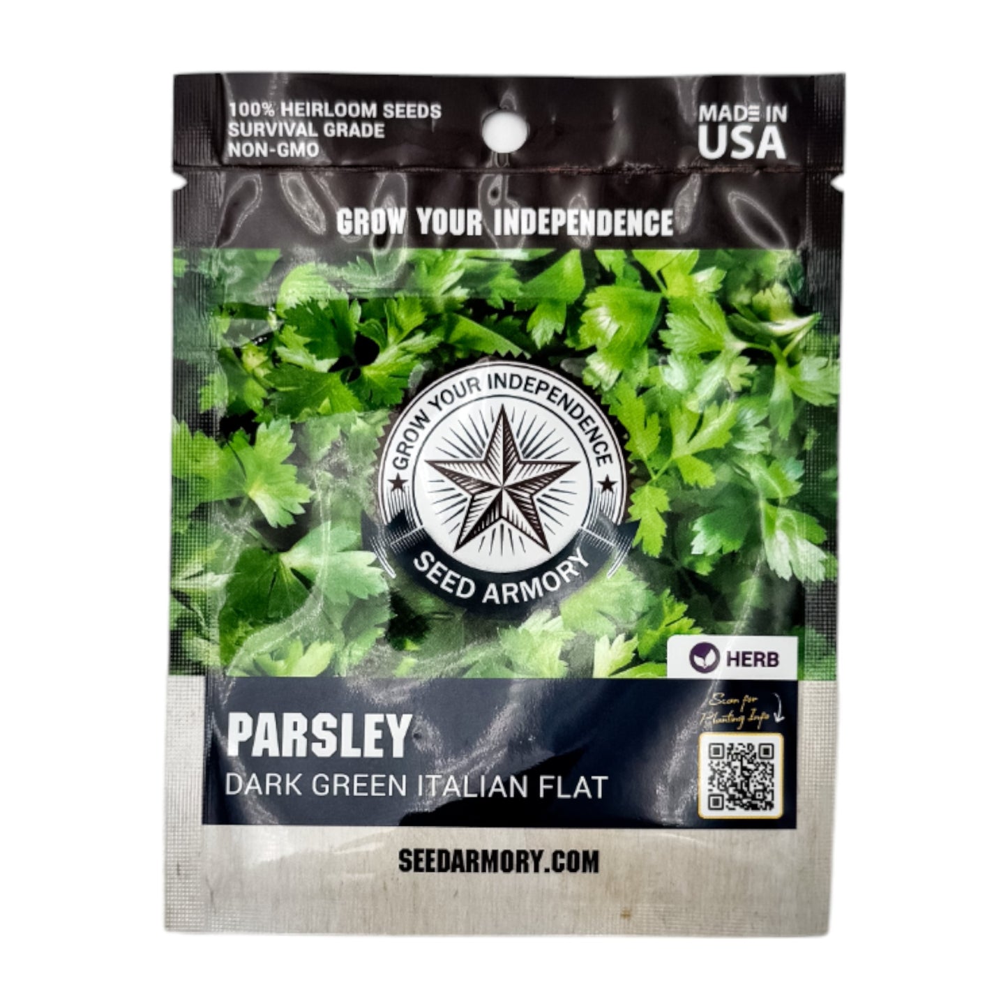 Front packet of Heirloom Dark Green Italian Flat parsley seeds