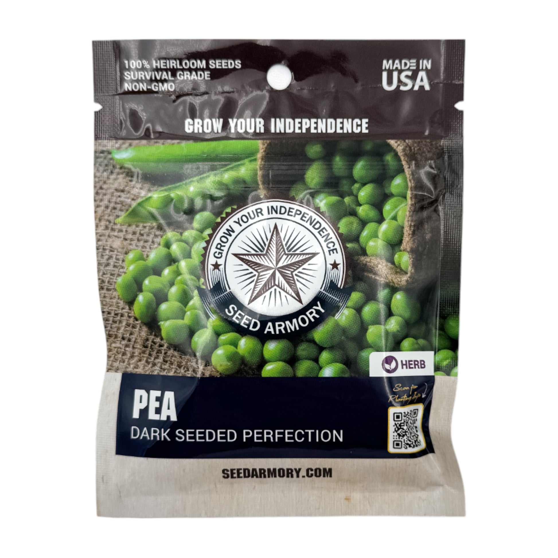 Front packet of Heirloom 'Dark Seeded Perfection' pea seeds