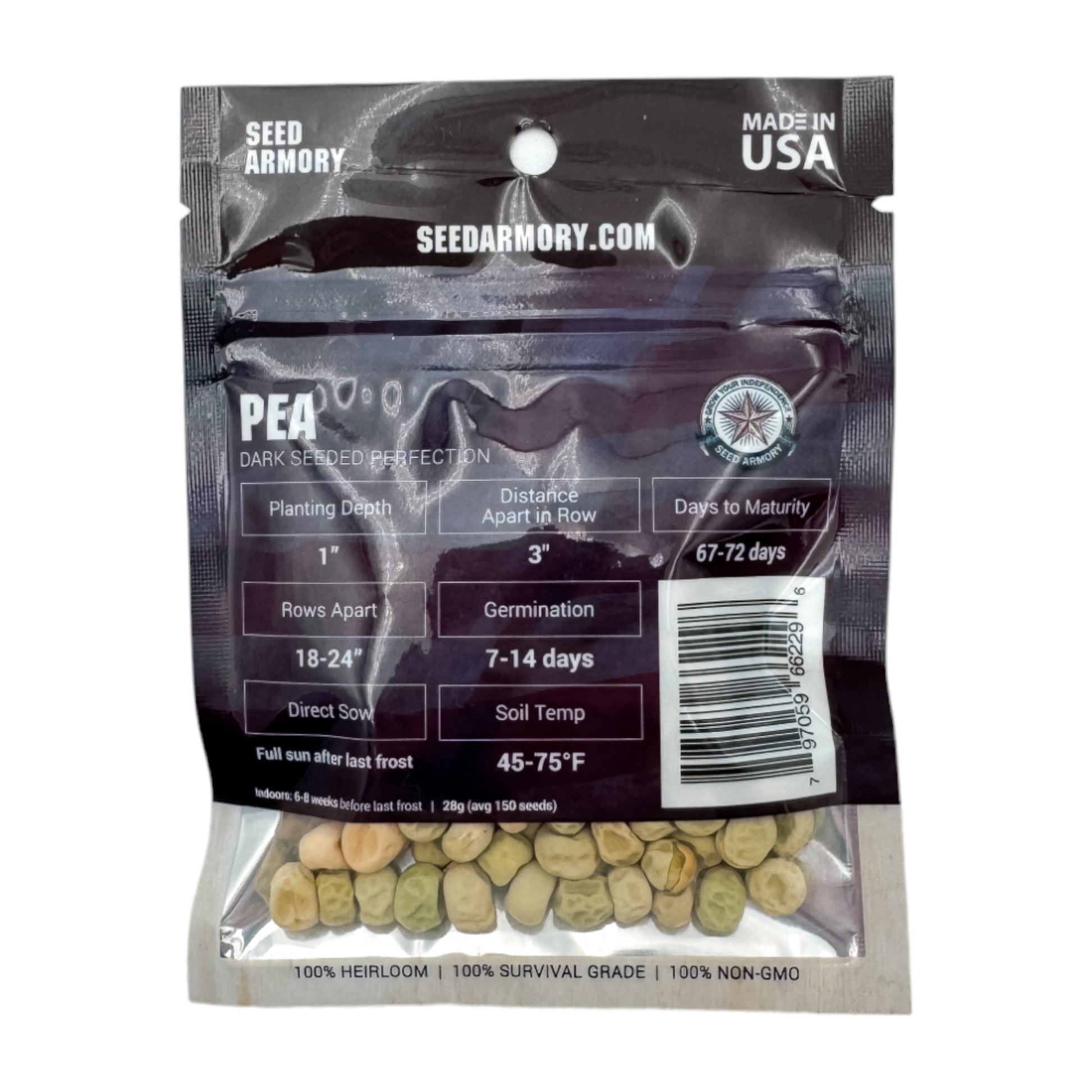 Reverse packet of Heirloom 'Dark Seeded Perfection' pea seeds with planting instructions