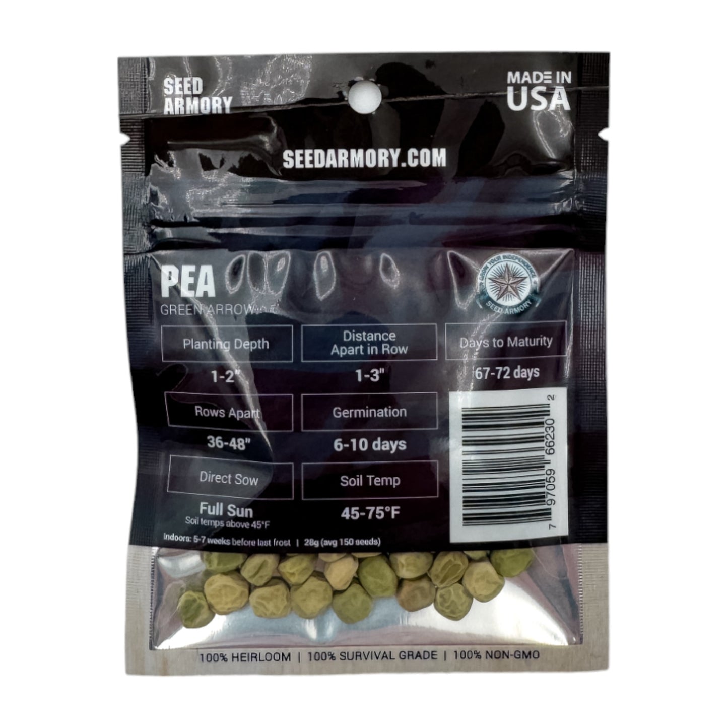Reverse packet of Heirloom 'Green Arrow' pea seeds with planting instructions