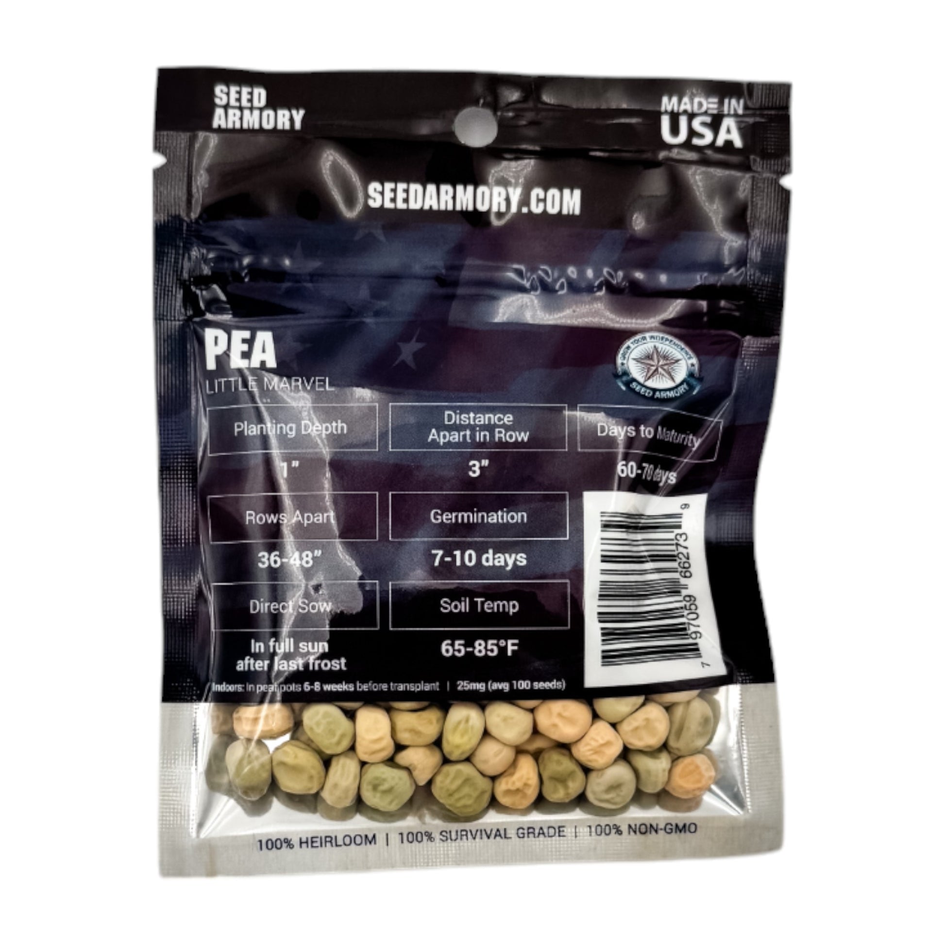 Reverse packet of Heirloom 'Little Marvel' pea seeds with planting instructions