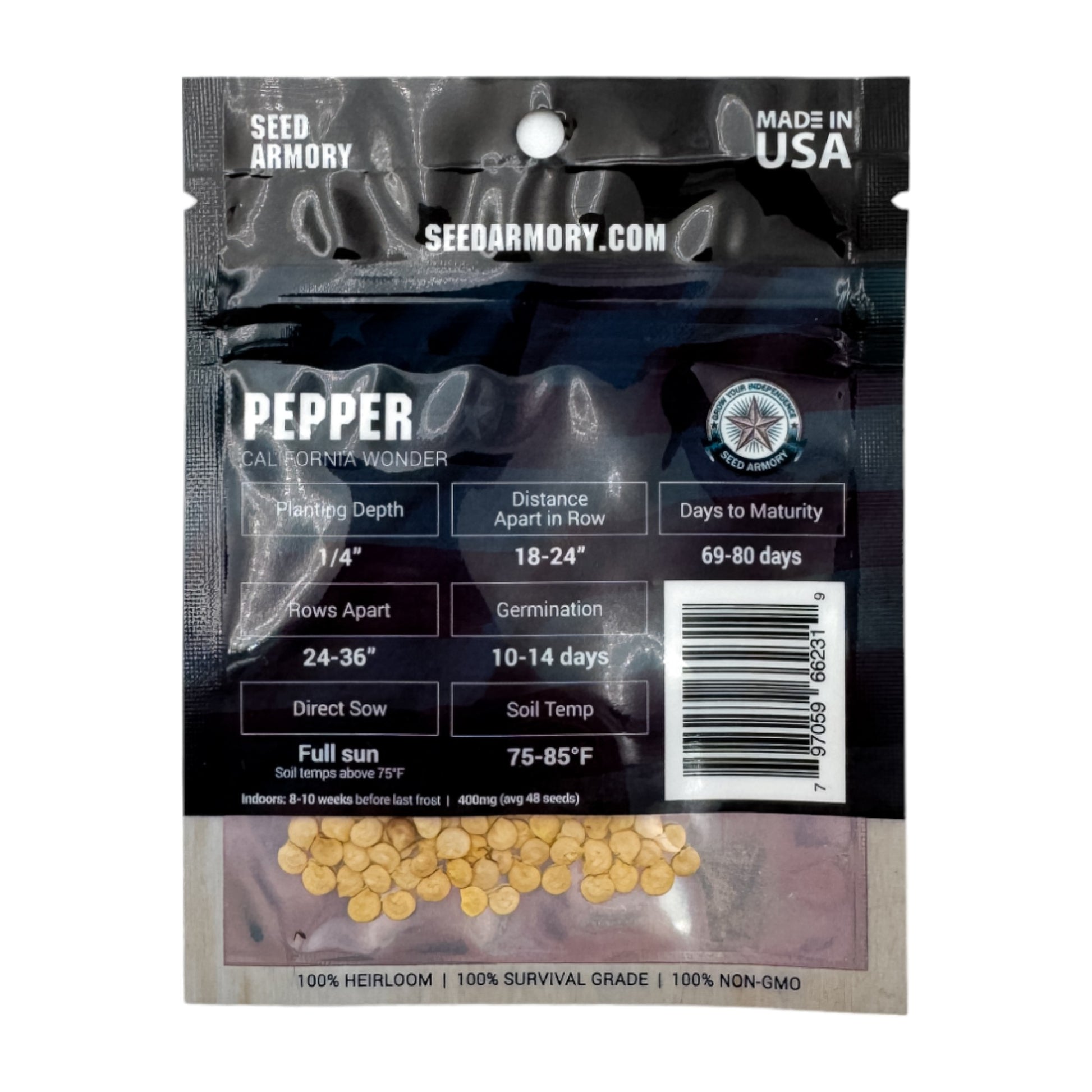 Reverse packet of Heirloom California Wonder pepper seeds with planting instructions