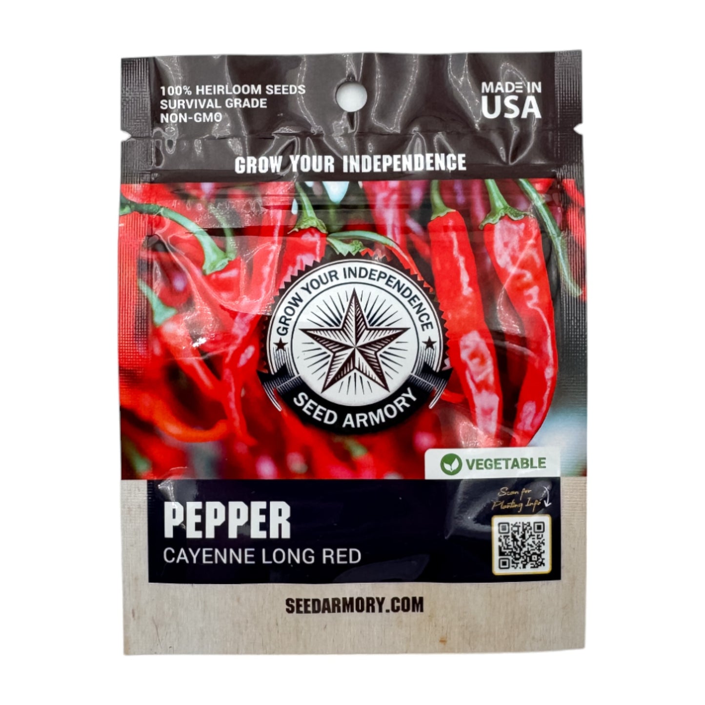 Front packet of Heirloom Cayenne Long Red pepper seeds