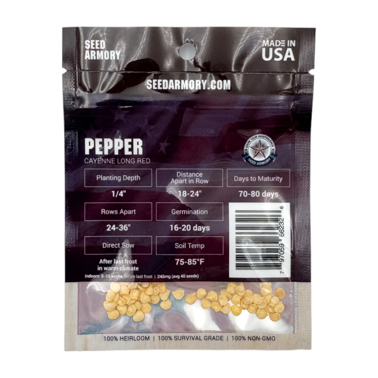 Reverse packet of Heirloom Cayenne Long Red pepper seeds with planting instructions