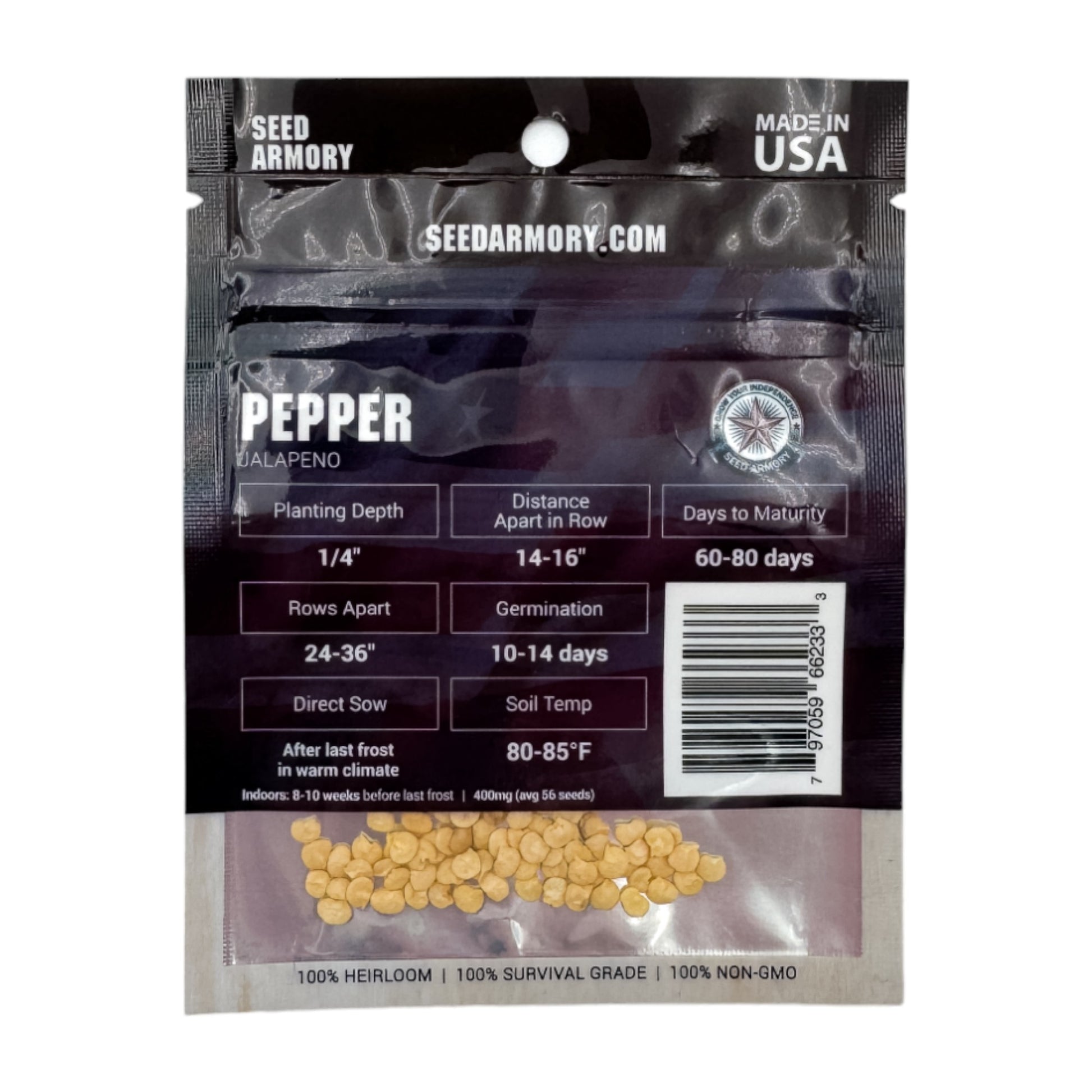 Reverese packet of Heirloom Jalapeno Pepper seeds with planting instructions