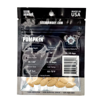 Reverse packet of Sugar Pie Pumpkin Heirloom Seeds with planting instructions
